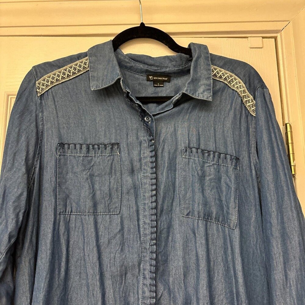 New Directions Dress Womens L Blue 100% Cotton Long Sleeve Button Up Casual - Picture 2 of 9